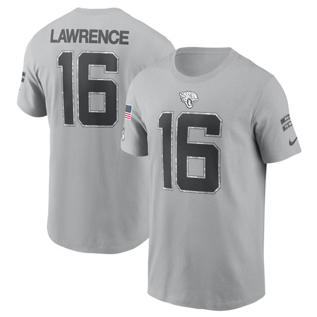 Men's Gray Jacksonville Jaguars #16 Trevor Lawrence 2024 Salute To Service Name & Number T-Shirt